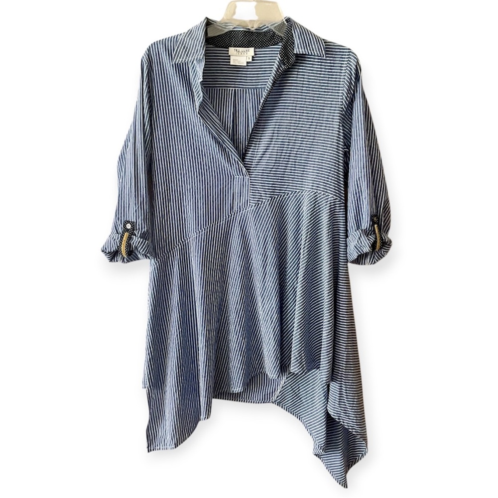 Tru Luxe Jeans Navy Striped Asymmetrical Blouse